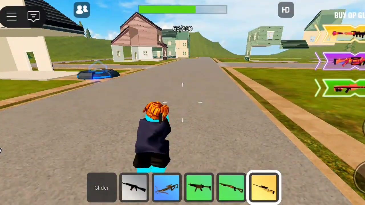 A FORTLINE player aims a rifle at an opponent on a suburban Roblox map